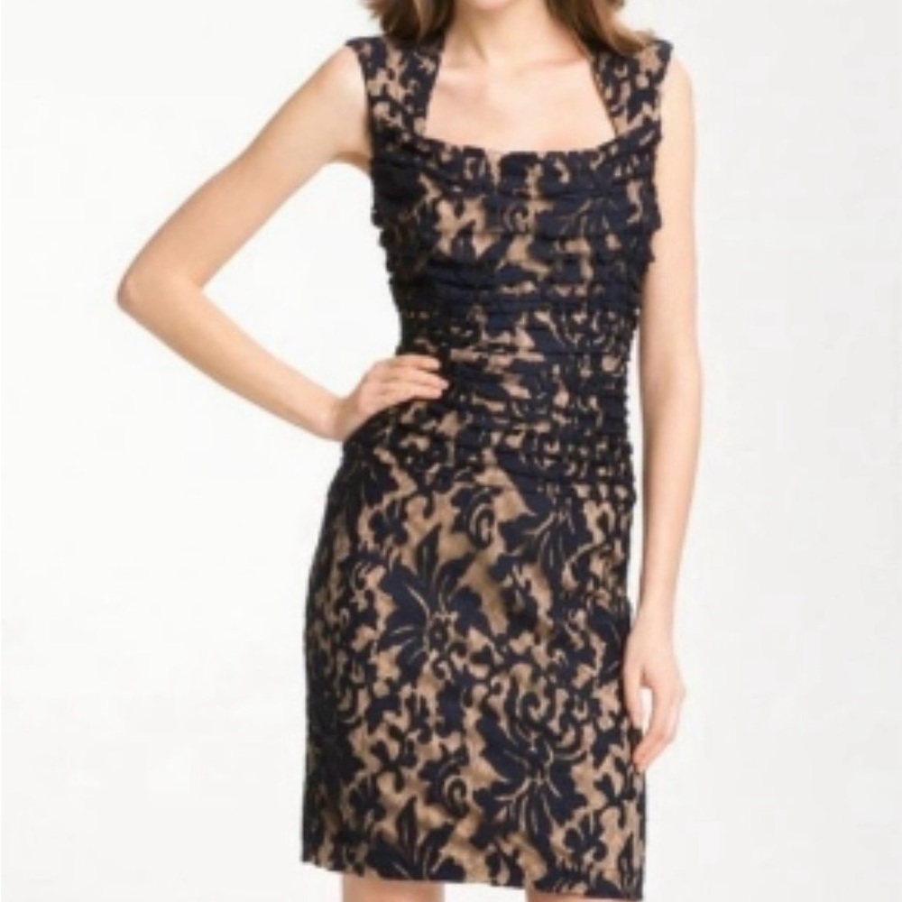 Tadashi shoji black nude lace sheath dress ruched square neck XL X large